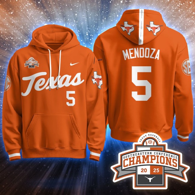 Men's Texas Baseball #5 Mendoza Orange 2025 Southeastern Conference Champions Stitched Hoodie