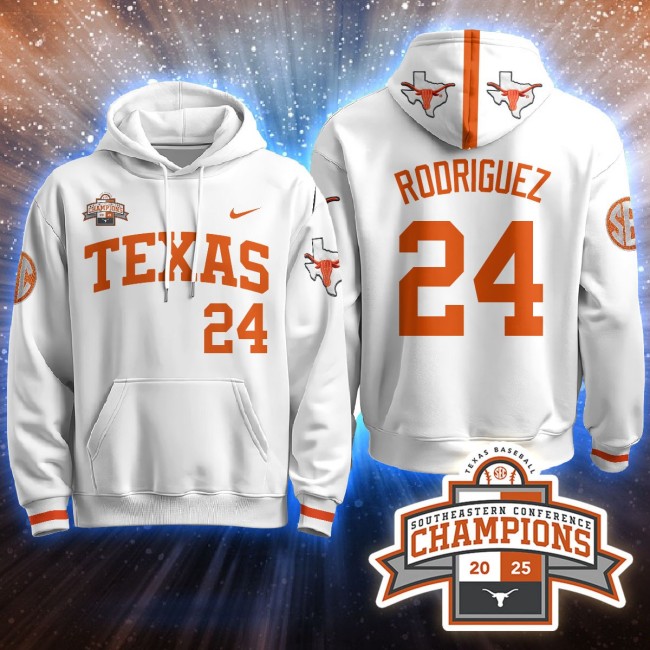 Men's Texas Baseball #24 Rodriguez White 2025 Southeastern Conference Champions Stitched Hoodie