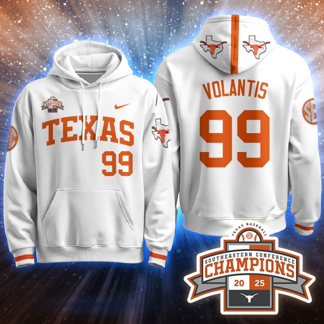 Men's Texas Baseball #99 Volantis White 2025 Southeastern Conference Champions Stitched Hoodie