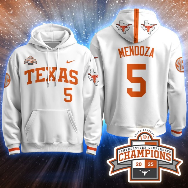 Men's Texas Baseball #5 Mendoza White 2025 Southeastern Conference Champions Stitched Hoodie