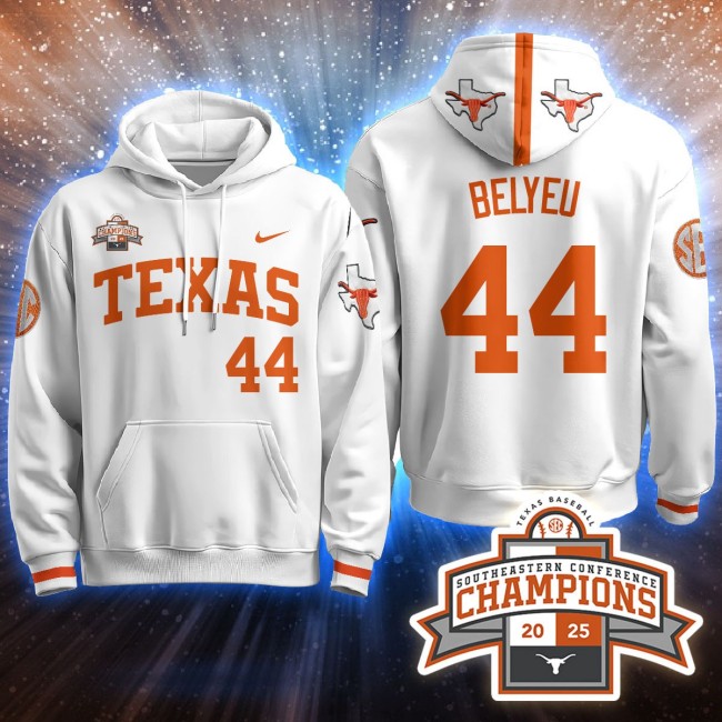Men's Texas Baseball #44 Belyeu White 2025 Southeastern Conference Champions Stitched Hoodie