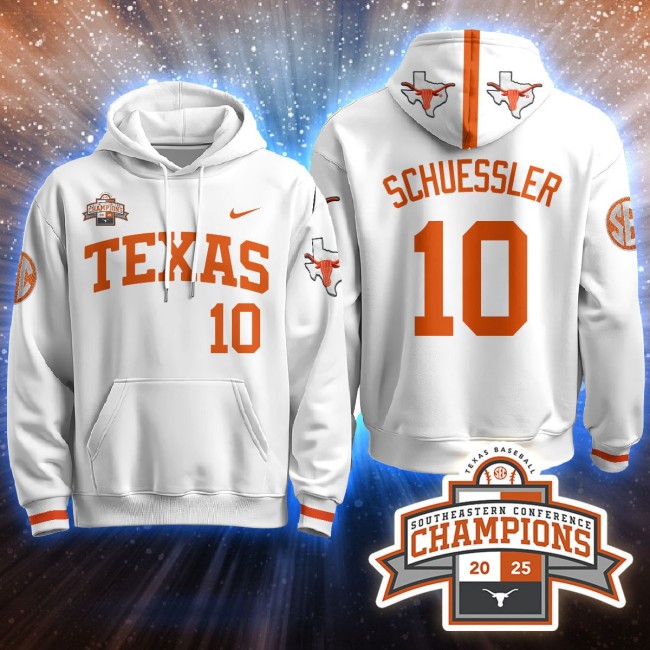 Men's Texas Baseball #10 Schuessler White 2025 Southeastern Conference Champions Stitched Hoodie