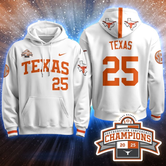 Men's Texas Baseball #25 Texas White 2025 Southeastern Conference Champions Stitched Hoodie