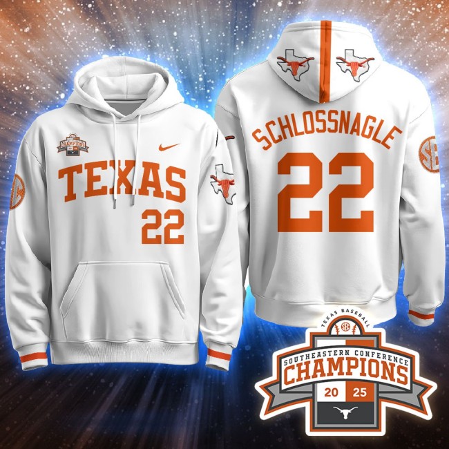 Men's Texas Baseball #22 Schlossnagle White 2025 Southeastern Conference Champions Stitched Hoodie