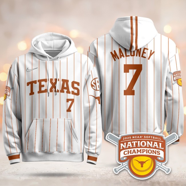 Men's Texas Longhorns #7 Ashton Maloney White Pinstripe 2025 NCAA Softball WCWS Champions Hoodie - All Stitched