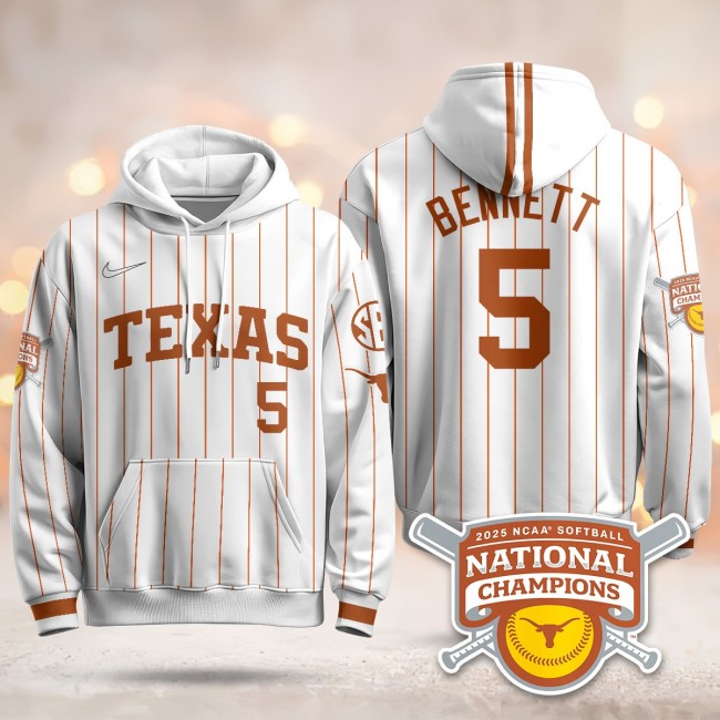 Men's Texas Longhorns #5 Kaydee Bennett White Pinstripe 2025 NCAA Softball WCWS Champions Hoodie - All Stitched