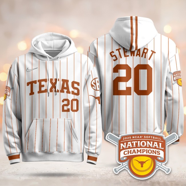 Men's Texas Longhorns #20 Katie Stewart White Pinstripe 2025 NCAA Softball WCWS Champions Hoodie - All Stitched