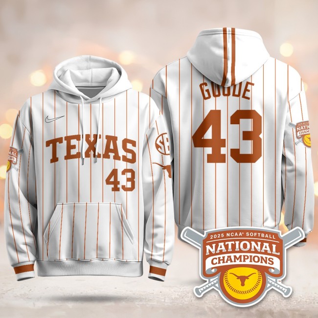Men's Texas Longhorns #43 Leighann Goode White Pinstripe 2025 NCAA Softball WCWS Champions Hoodie - All Stitched