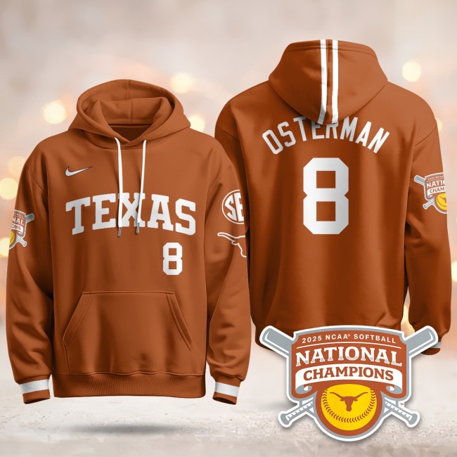 Men's Texas Longhorns #8 Cat Osterman Orange 2025 NCAA Softball WCWS Champions Hoodie - All Stitched