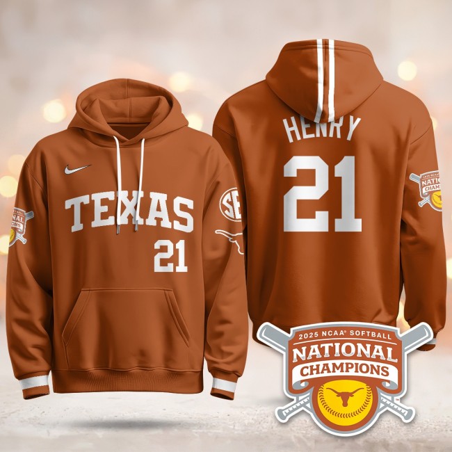 Men's Texas Longhorns #21 Kayden Henry Orange 2025 NCAA Softball WCWS Champions Hoodie - All Stitched
