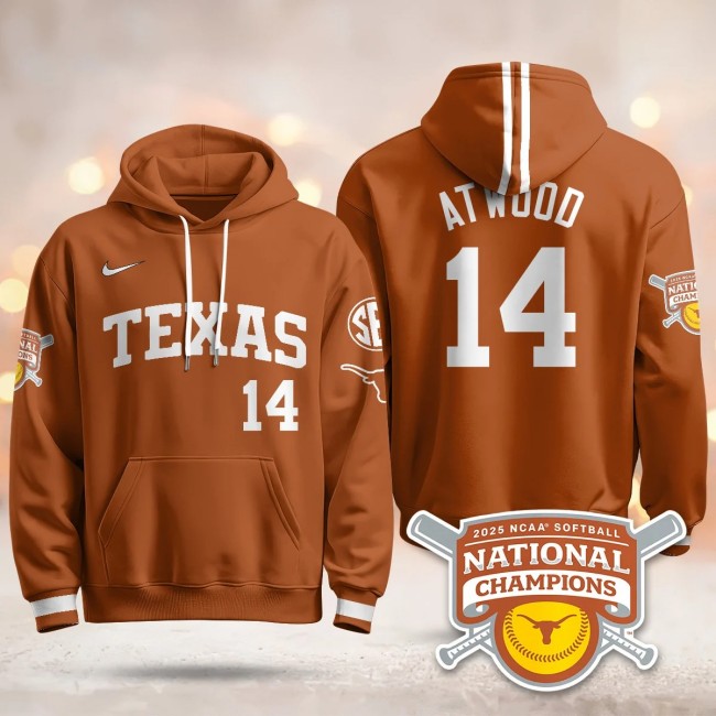 Men's Texas Longhorns #14 Reese Atwood Orange 2025 NCAA Softball WCWS Champions Hoodie - All Stitched