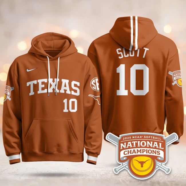 Men's Texas Longhorns #10 Mia Scott Orange 2025 NCAA Softball WCWS Champions Hoodie - All Stitched
