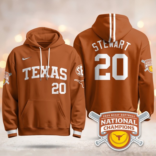 Men's Texas Longhorns #20 Katie Stewart Orange 2025 NCAA Softball WCWS Champions Hoodie - All Stitched