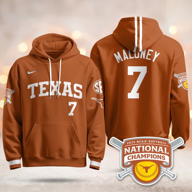 Men's Texas Longhorns #7 Ashton Maloney Orange 2025 NCAA Softball WCWS Champions Hoodie - All Stitched