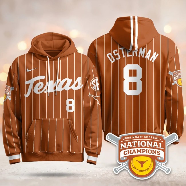 Men's Texas Longhorns #8 Cat Osterman Orange Pinstripe 2025 NCAA Softball WCWS Champions Hoodie - All Stitched