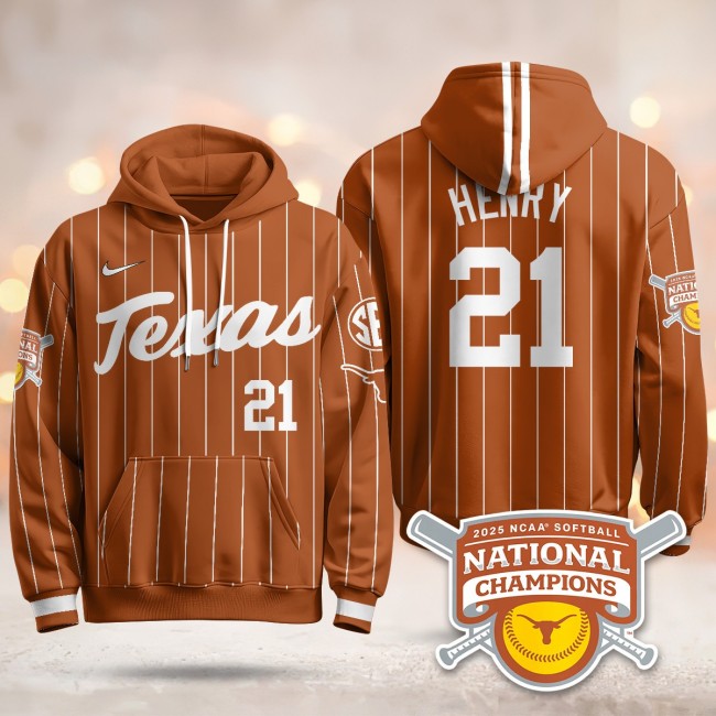 Men's Texas Longhorns #21 Kayden Henry Orange Pinstripe 2025 NCAA Softball WCWS Champions Hoodie - All Stitched