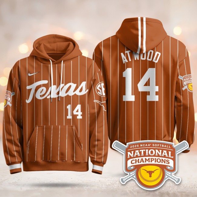 Men's Texas Longhorns #14 Reese Atwood Orange Pinstripe 2025 NCAA Softball WCWS Champions Hoodie - All Stitched