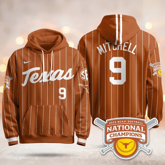 Men's Texas Longhorns #9 Joley Mitchell Orange Pinstripe 2025 NCAA Softball WCWS Champions Hoodie - All Stitched