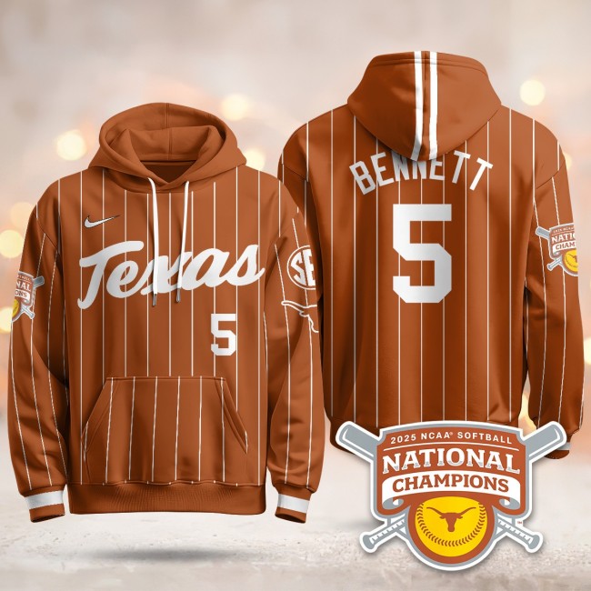 Men's Texas Longhorns #5 Kaydee Bennett Orange Pinstripe 2025 NCAA Softball WCWS Champions Hoodie - All Stitched