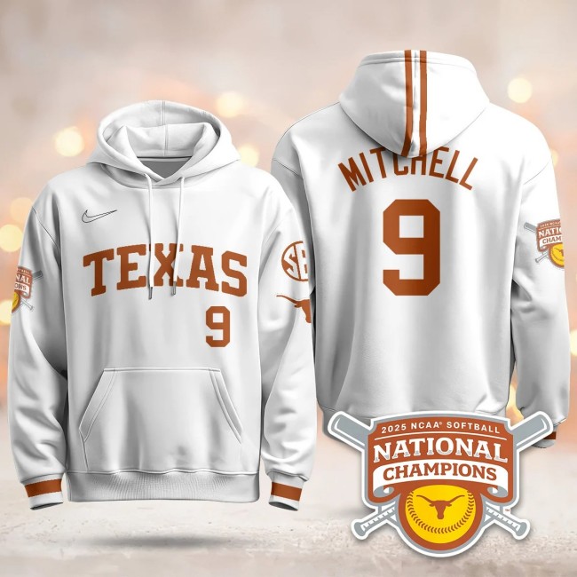 Men's Texas Longhorns #9 Joley Mitchell White 2025 NCAA Softball WCWS Champions Hoodie - All Stitched