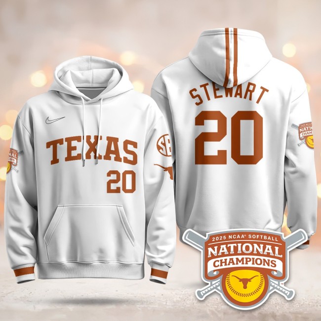Men's Texas Longhorns #20 Katie Stewart White 2025 NCAA Softball WCWS Champions Hoodie - All Stitched