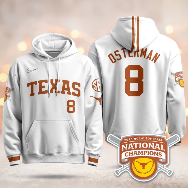 Men's Texas Longhorns #8 Cat Osterman White 2025 NCAA Softball WCWS Champions Hoodie - All Stitched