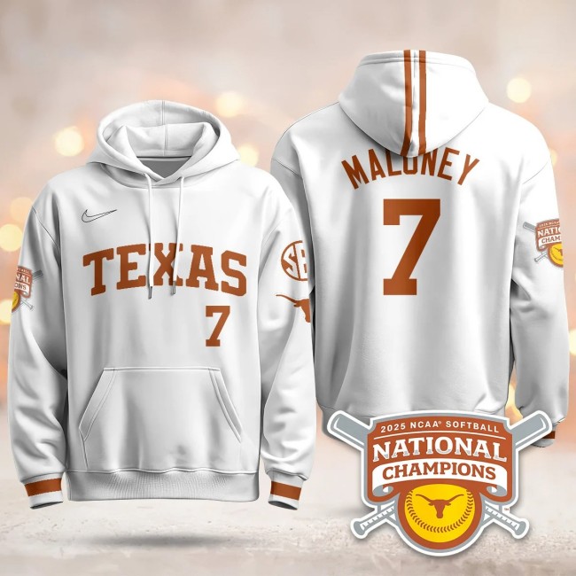 Men's Texas Longhorns #7 Ashton Maloney White 2025 NCAA Softball WCWS Champions Hoodie - All Stitched