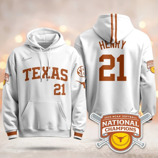 Men's Texas Longhorns #21 Kayden Henry White 2025 NCAA Softball WCWS Champions Hoodie - All Stitched