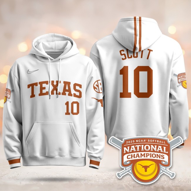 Men's Texas Longhorns #10 Mia Scott White 2025 NCAA Softball WCWS Champions Hoodie - All Stitched
