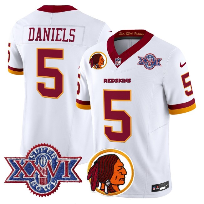 Men's Washington Redskins #5 Jayden Daniels White Throwback 1992 Super Bowl XXVI Patch Nike Vapor Limited NFL Jersey