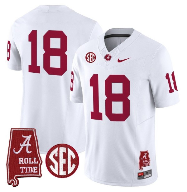 Men's Alabama Crimson Tide #18 Throwback Stitched Nike Jersey Whtie - Alabama Map