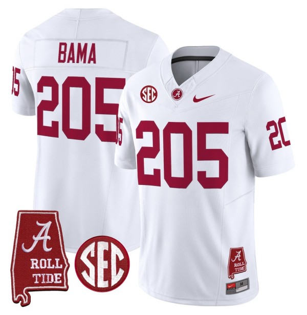 Men's Alabama Crimson Tide 205 Bama Throwback Stitched Nike Jersey Whtie - Alabama Map
