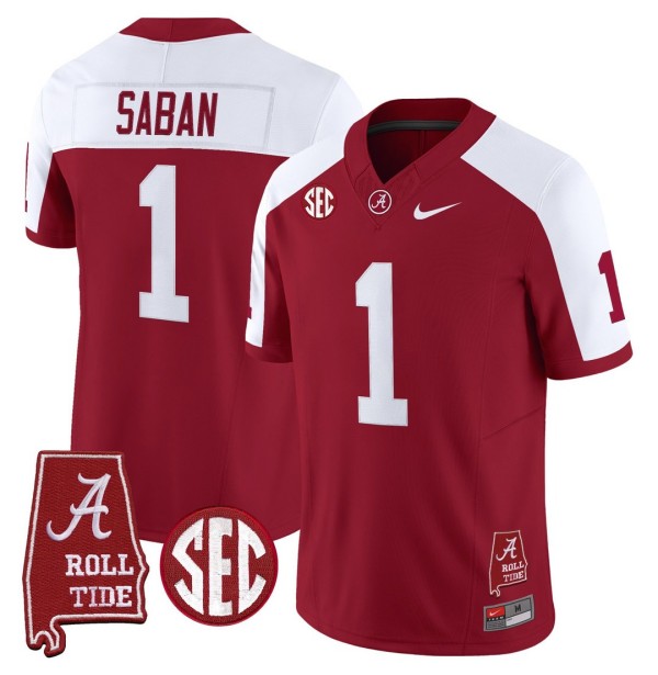Men's Alabama Crimson Tide #1 Nick Saban Throwback Stitched Nike Jersey Crimson Alternate - Alabama Map