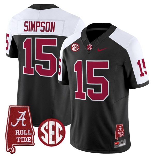 Men's Alabama Crimson Tide #15 Ty Simpson Throwback Stitched Nike Jersey Black Alternate - Alabama Map