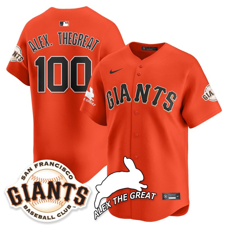 Men's SF Giants 100 ALEX. THEGREAT Rabbit Memories 2025 MLB Nike Jersey Orange - All Stitched