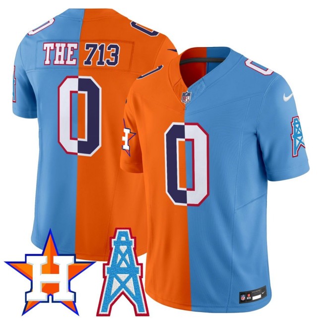 Men's Houston Astros x Houston Oilers #0 The 713 Orange Blue Split Nike FUSE Vapor Limited Stitched NFL Jersey