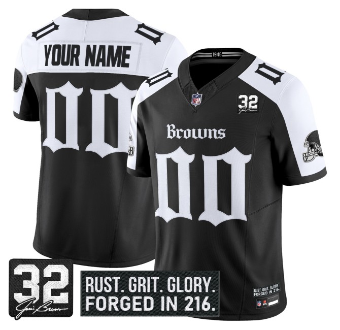 Cleveland Browns Custom Black White 'Gothic Dawg Shadows Drop' FUSE Vapor Limited Stitched NFL Jersey - With #32 Jim Brown Patch