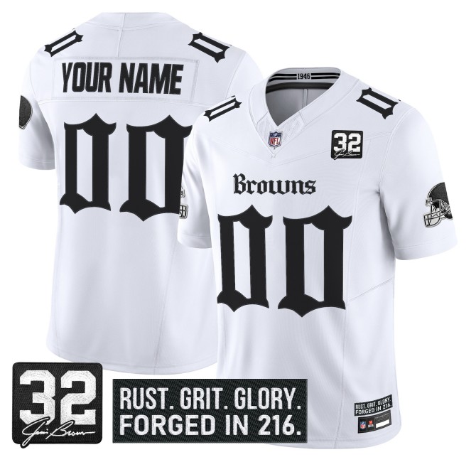 Cleveland Browns Custom White 'Gothic Dawg Shadows Drop' FUSE Vapor Limited Stitched NFL Jersey - With #32 Jim Brown Patch