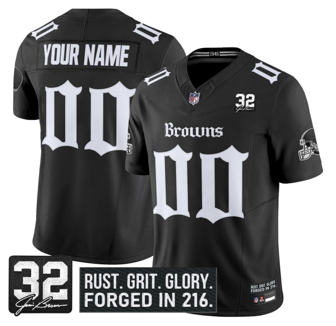 Cleveland Browns Custom Black 'Gothic Dawg Shadows Drop' FUSE Vapor Limited Stitched NFL Jersey - With #32 Jim Brown Patch