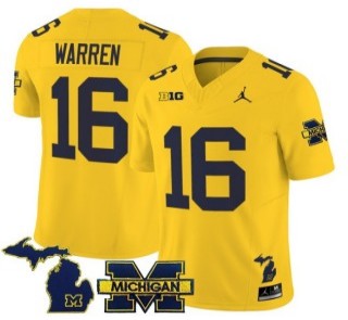 Youth Michigan Wolverines #16 Davis Warren Maize 2025 FUSE Limited Stitched Football Jersey - With Team & MI State Map Patch