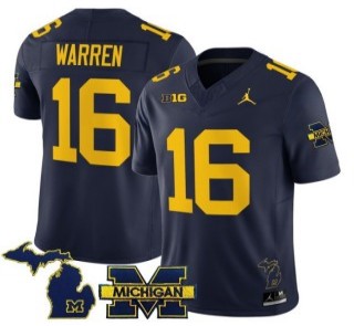 Youth Michigan Wolverines #16 Davis Warren Navy 2025 FUSE Limited Stitched Football Jersey - With Team & MI State Map Patch