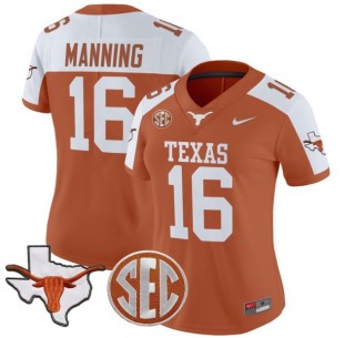 Women's Texas Longhorns #16 Arch Manning Nike 2025 Vapor Limited Stitched Football Jersey Orange Alternate - With TX State Map & SEC Patch