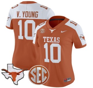 Women's Texas Longhorns #10 Vince Young Nike 2025 Vapor Limited Stitched Football Jersey Orange Alternate - With TX State Map & SEC Patch