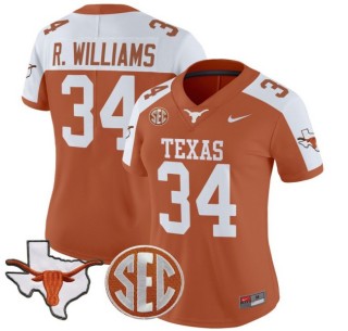 Women's Texas Longhorns #34 Ricky Williams Nike 2025 Vapor Limited Stitched Football Jersey Orange Alternate - With TX State Map & SEC Patch