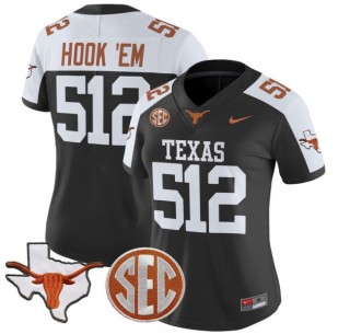 Women's Texas Longhorns 512 Hook 'Em Nike 2025 Vapor Limited Stitched Football Jersey Black Alternate - With TX State Map & SEC Patch