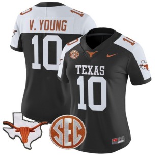 Women's Texas Longhorns #10 Vince Young Nike 2025 Vapor Limited Stitched Football Jersey Black Alternate - With TX State Map & SEC Patch Women's Texas Longhorns #10 Vince Young Nike 2025 Vapor Limited Stitched Football Jersey Black Alternate - With TX State Map & SEC Patch