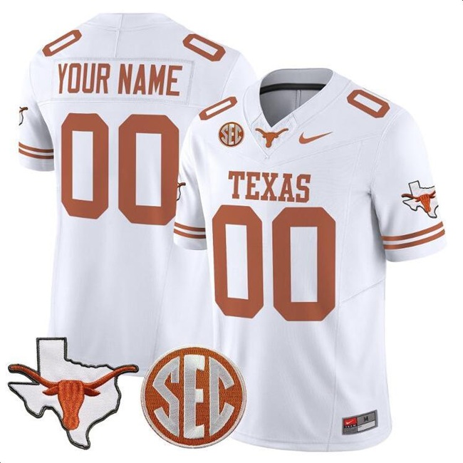 Texas Longhorns Custom White 2025 F.U.S.E. State Map & SEC Patch Vapor Limited Stitched Football Jersey