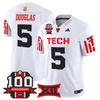 Men's Texas Tech Red Raiders #5 Caleb Douglas White F.U.S.E. 100th Anniversary Patch 2025 Vapor Limited Stitched Football Jersey