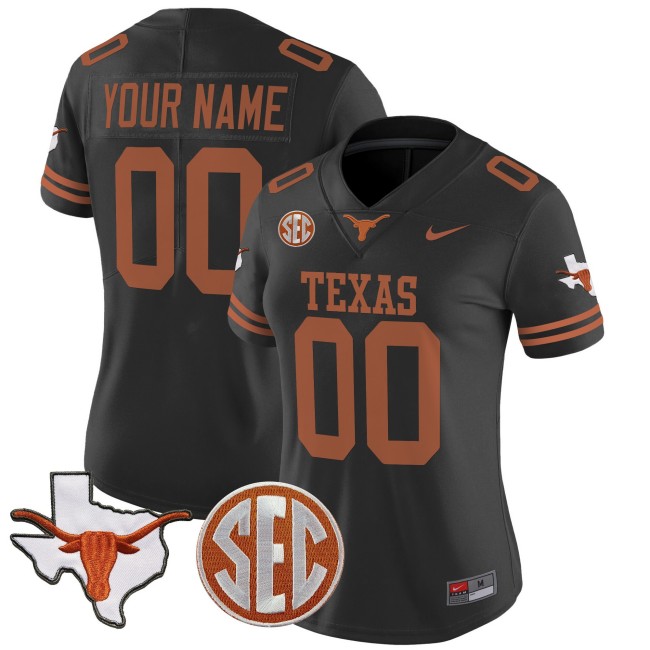 Women's Texas Longhorns Custom Black 2025 State Map & SEC Patch Vapor Limited Stitched Football Jersey