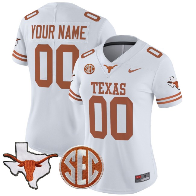 Women's Texas Longhorns Custom White 2025 State Map & SEC Patch Vapor Limited Stitched Football Jersey